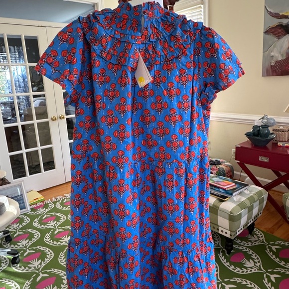 NWT BODEN RUCHED DETAIL MOSAIC BLUE AND POPPY GEO DRESS-SIZE US 6 - Picture 5 of 8